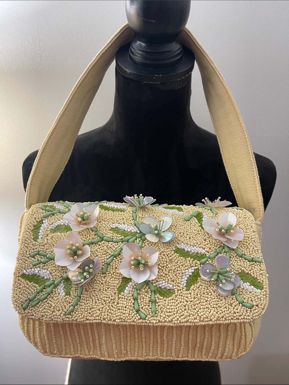 Cream Yellow  Beaded Floral Shoulder Bag